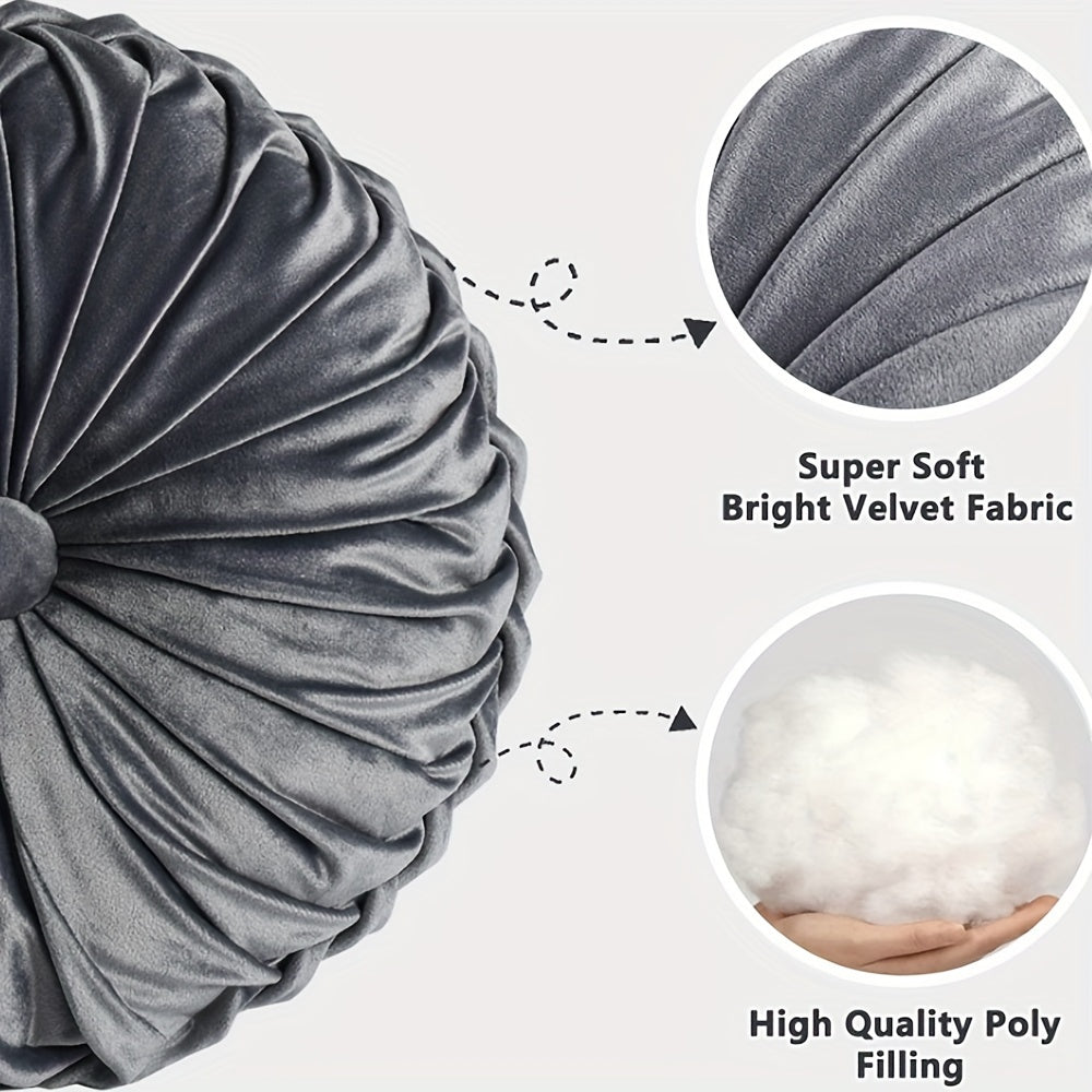 Lot de 2 Coussins Décoratifs Plissés Ronds, Coussins d'Accent Élégants en Forme de Citrouille avec Bouton Central, Coussins de Sol en Velours Vintage pour Canapé, Chaise de Vanité et Lit