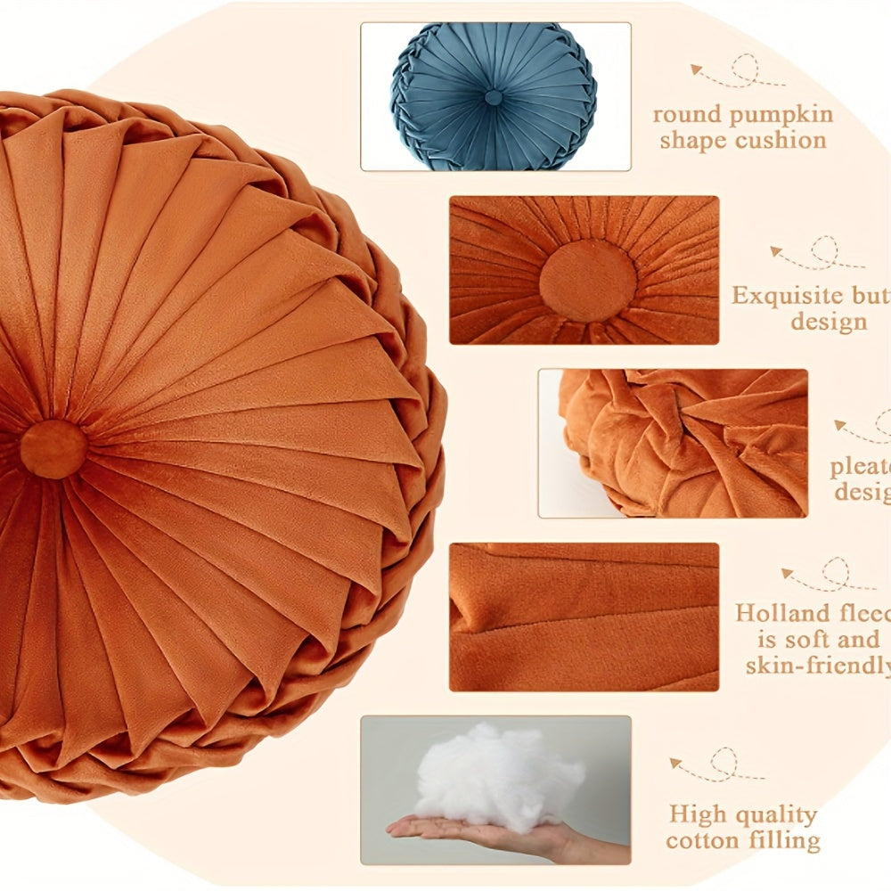 2 coussins décoratifs ronds plissés, coussins décoratifs citrouille élégants avec bouton central, coussins de sol en velours vintage pour canapé, lit, chaise de coiffeuse