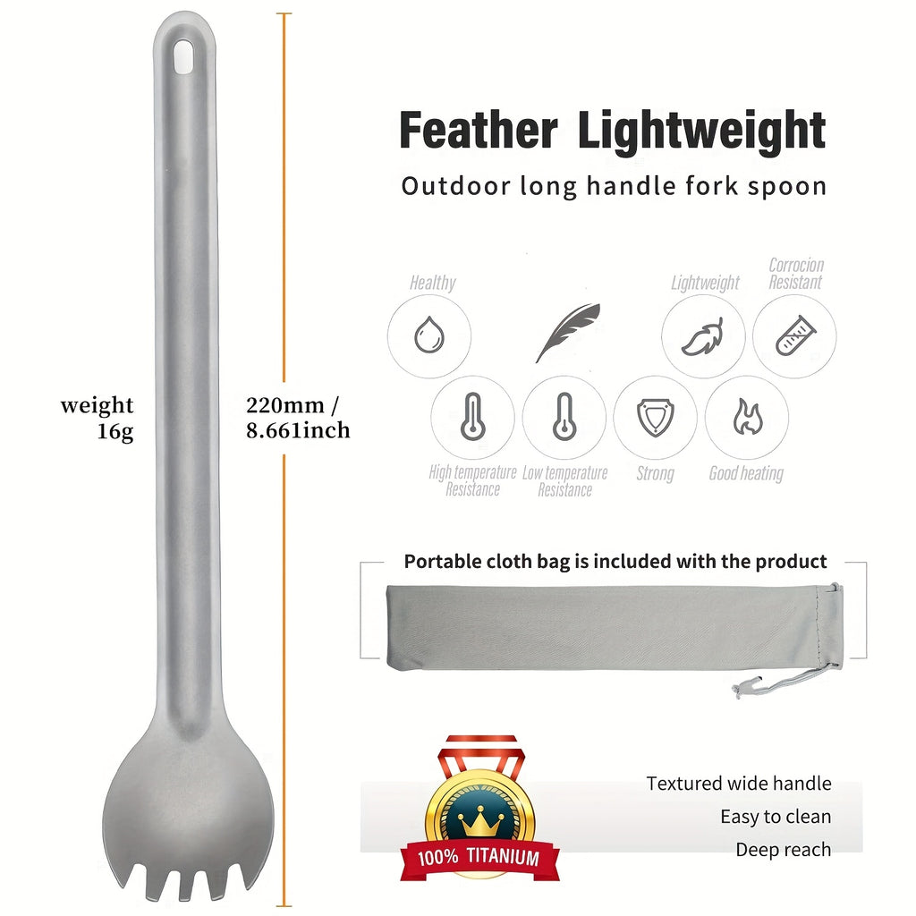 Titanium Alloy Spork with Long Handle - Ultralight, Dual-Purpose Fork and Spoon Combo with Protective Cloth Bag for Outdoor Camping and Hiking - Durable, Easy to Clean, Heat Resistant Flatware