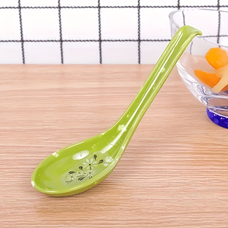 10 Heat-Resistant Melamine Long-Handled Spoons, Small Soup Spoons for Home Use, Restaurant, Floral Design, Food Store
