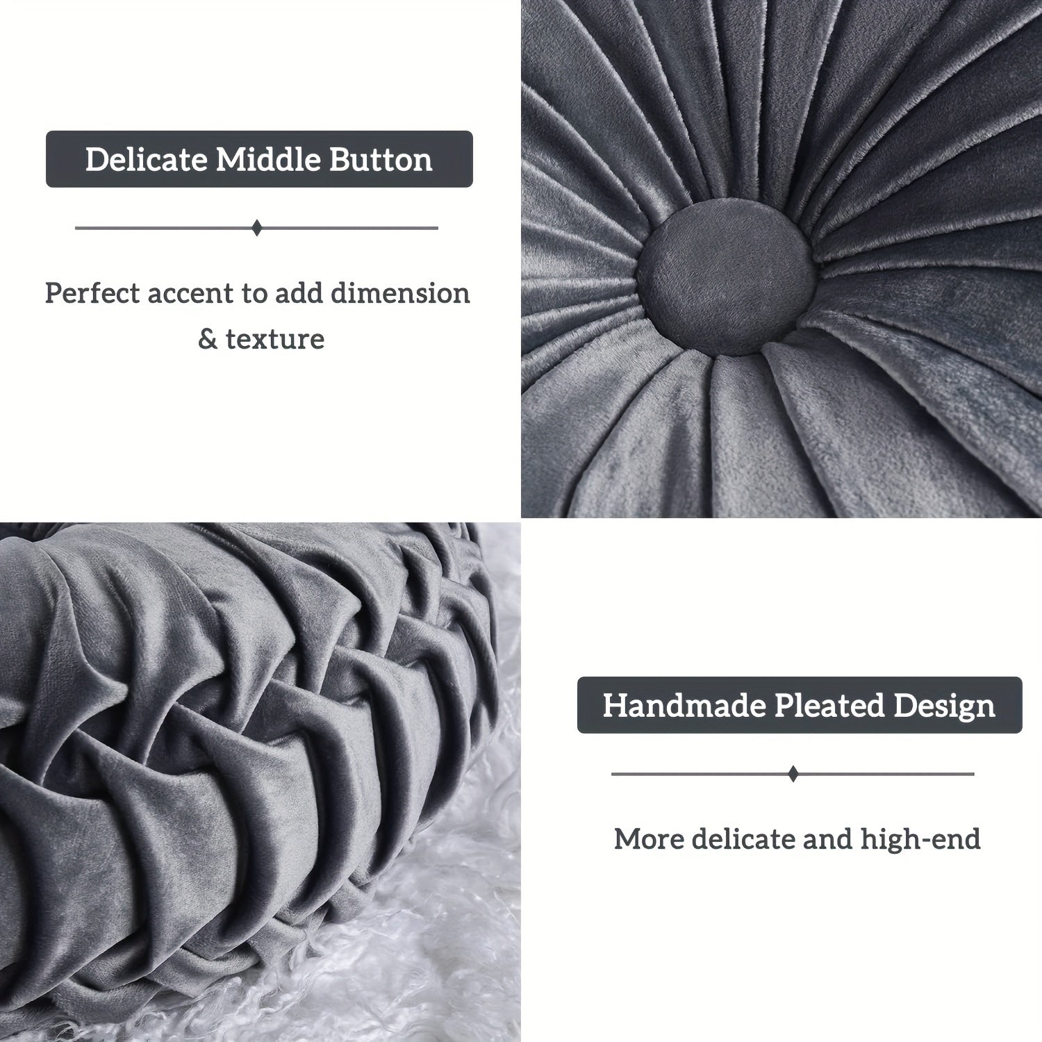 Lot de 2 Coussins Décoratifs Plissés Ronds, Coussins d'Accent Élégants en Forme de Citrouille avec Bouton Central, Coussins de Sol en Velours Vintage pour Canapé, Chaise de Vanité et Lit